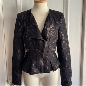 NWT XOXO Black Lace Bronze Peplum Metallic Jacket